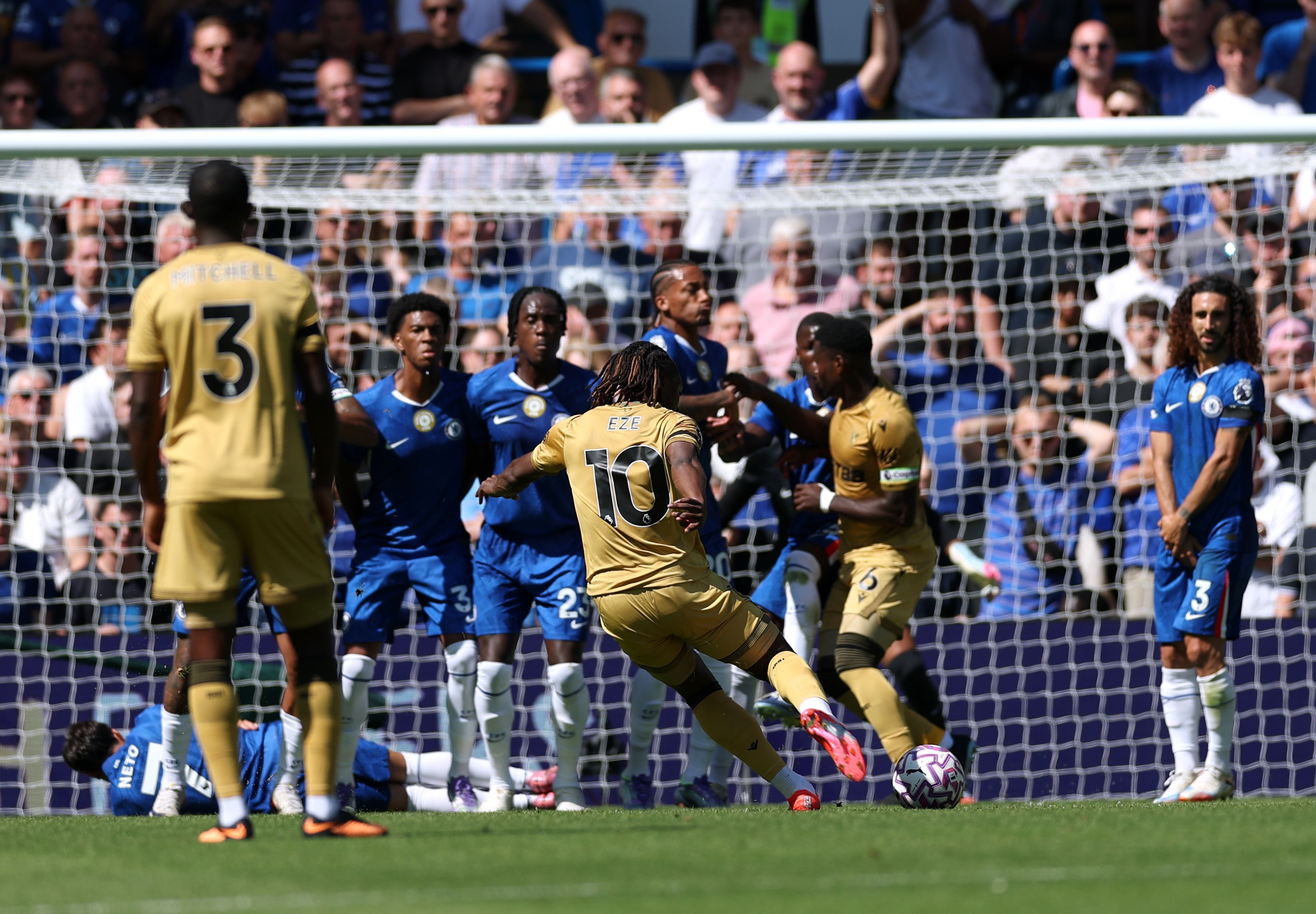 Marc Guehi interferes with Chelsea wall as Eberechi Eze takes a free-kick.