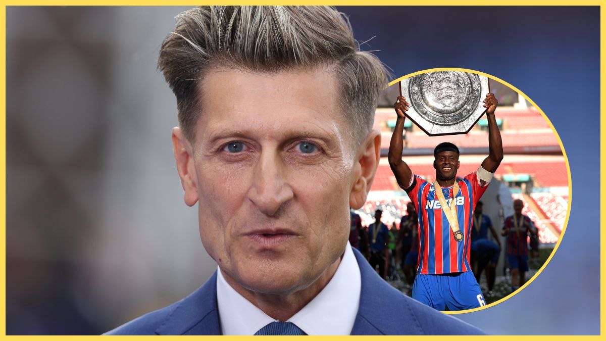 Steve Parish looks on next to picture of Marc Guehi lifting Community Shield.