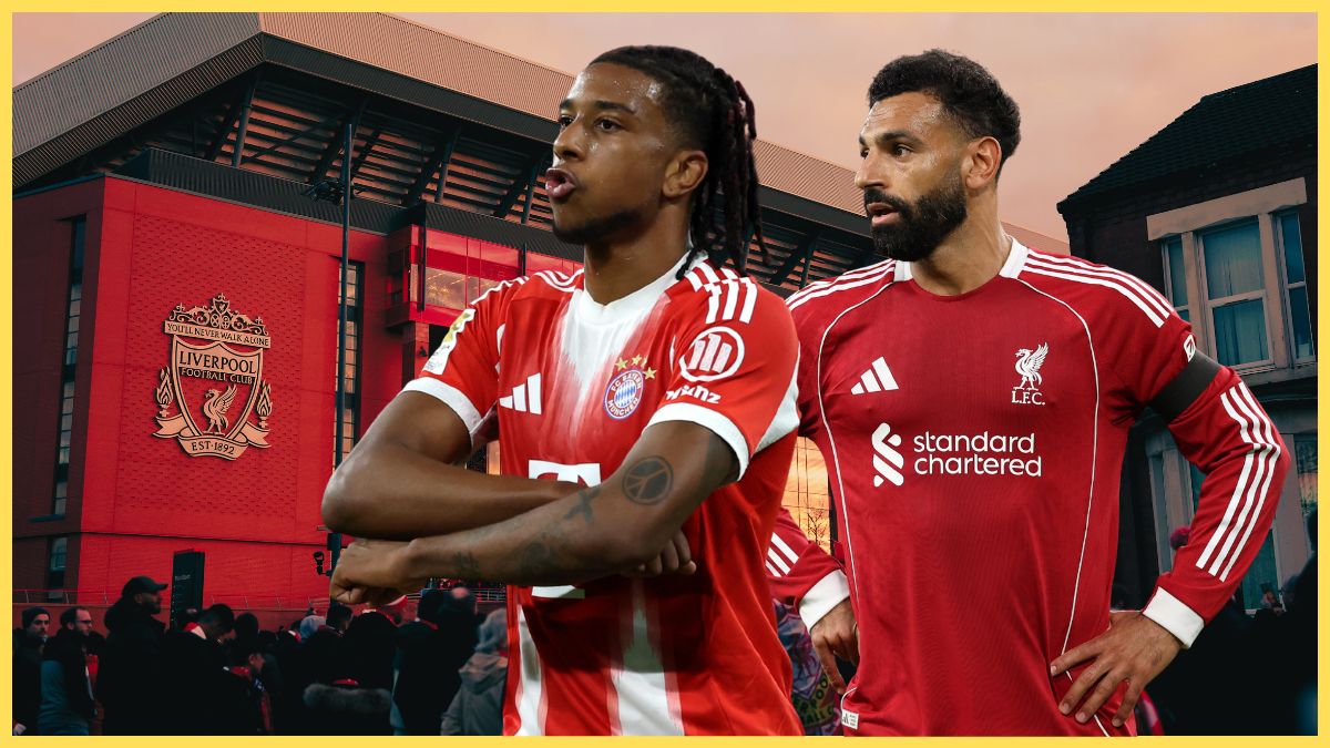 Mo Salah stands with hands on hips and Michael Olise crosses his arms in front of Anfield stadium background.
