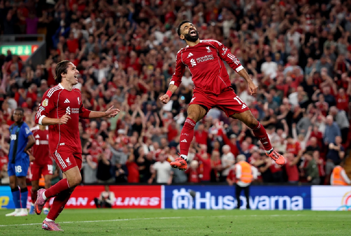 Mo Salah celebrates scoring Liverpool's fourth goal against Bournemouth on Friday