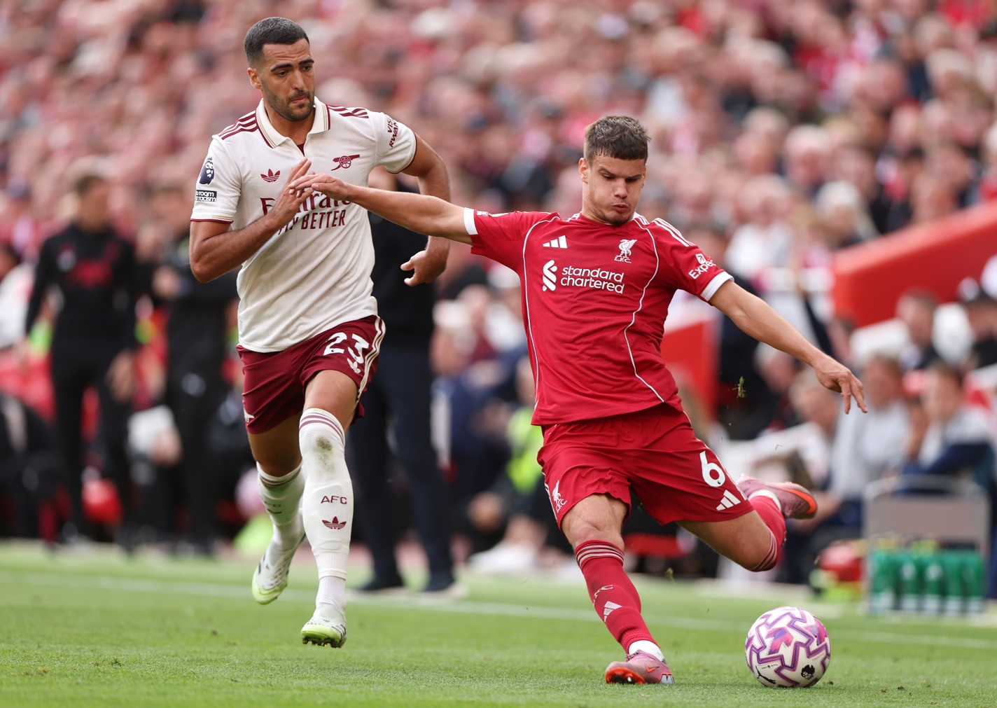 Milos Kerkez dealt with the threat of Noni Madueke in the first half against Arsenal