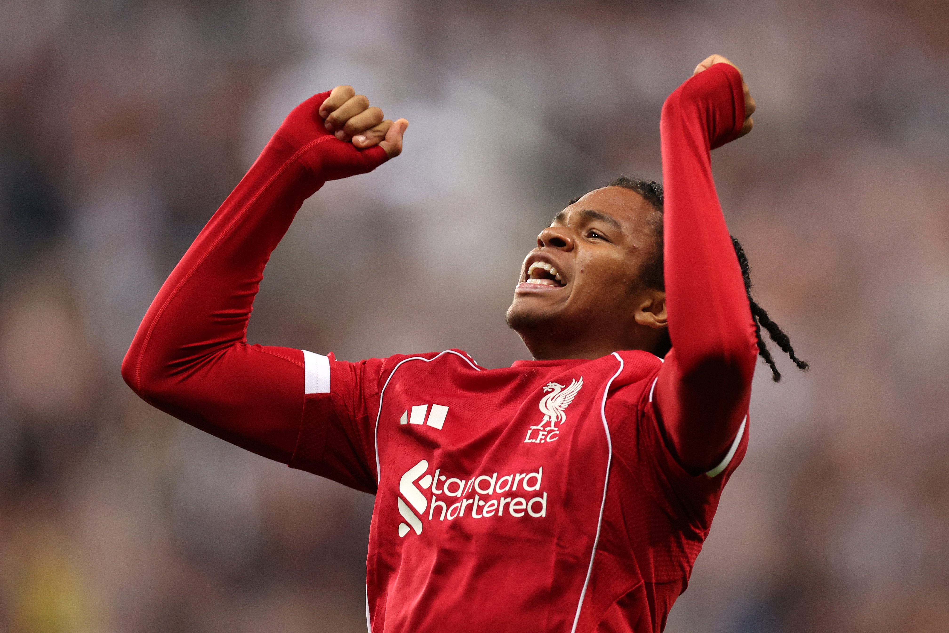 Rio Ngumoha celebrates his stoppage-time winner against Newcastle
