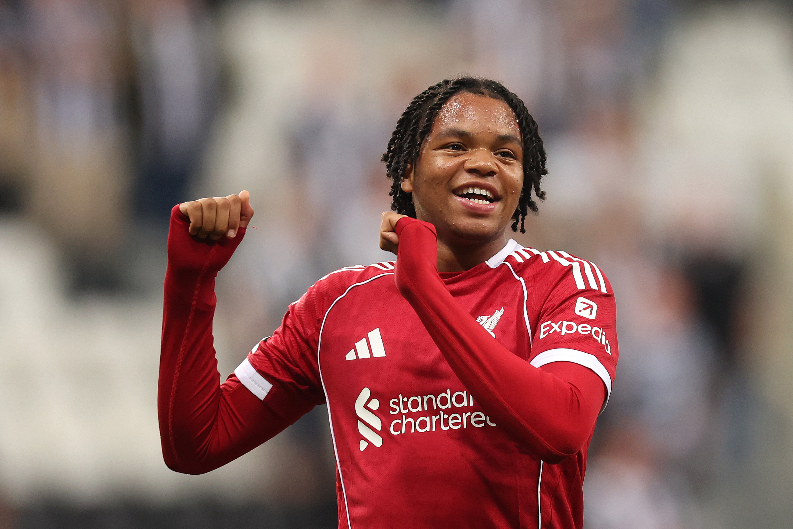 Rio Ngumoha celebrates after scoring a stoppage-time winner for Liverpool against Newcastle