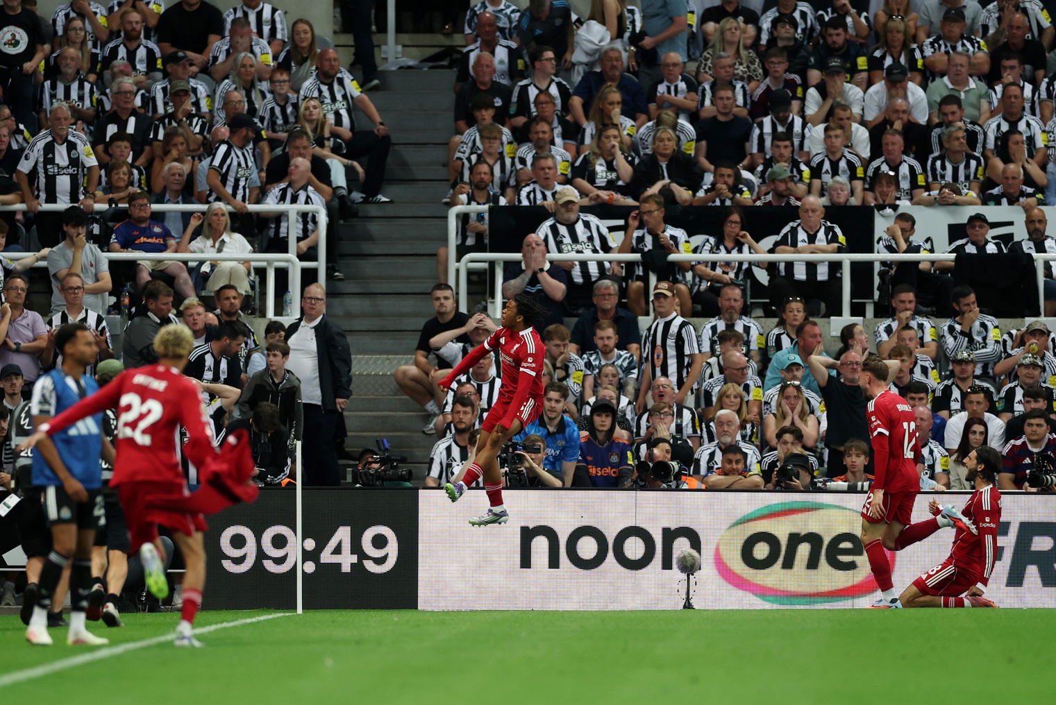 Rio Ngumoha celebrates his stoppage-time winner in Liverpool's win over Newcastle