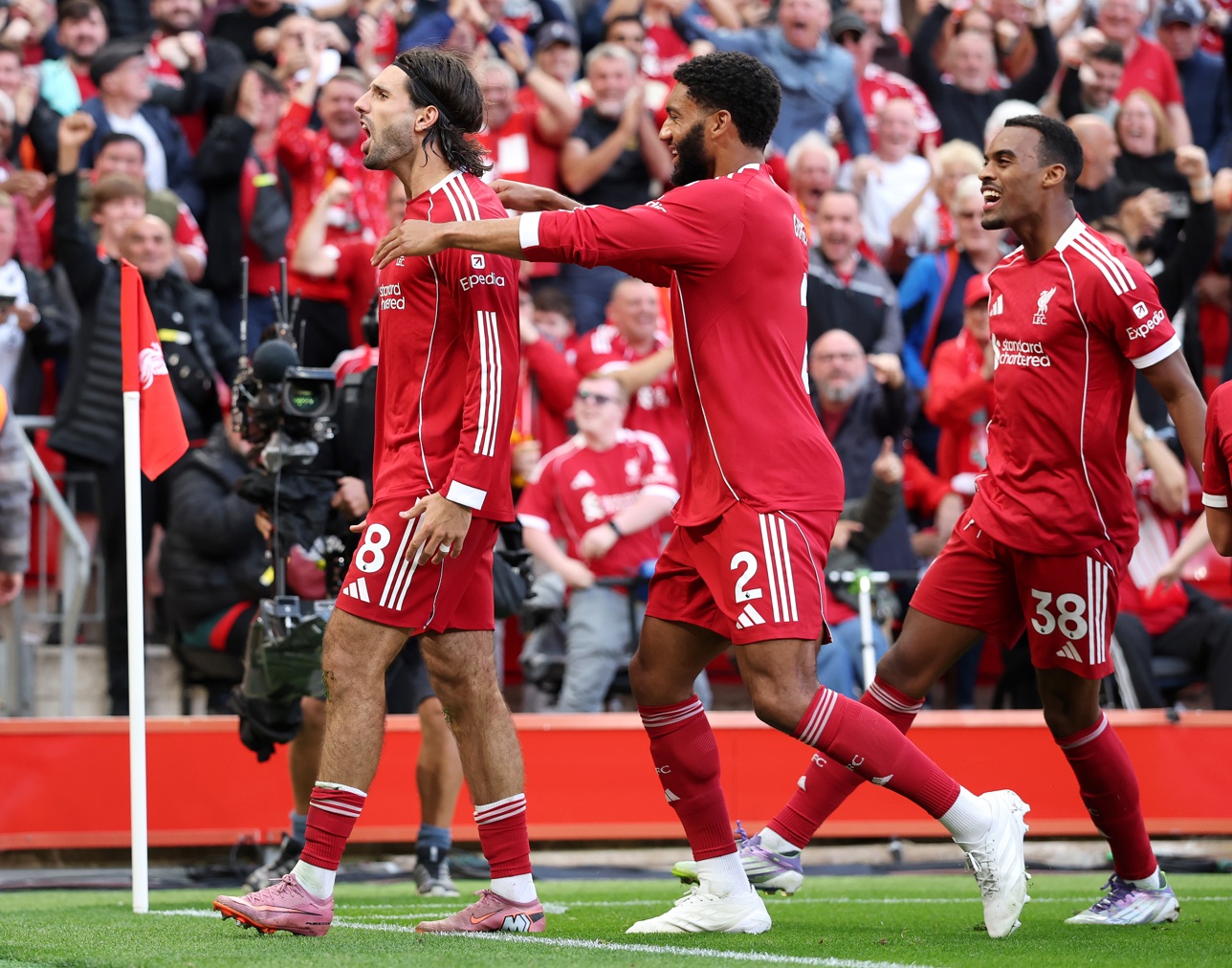 Dominik Szoboszlai celebrates his match-winning free kick against Arsenal