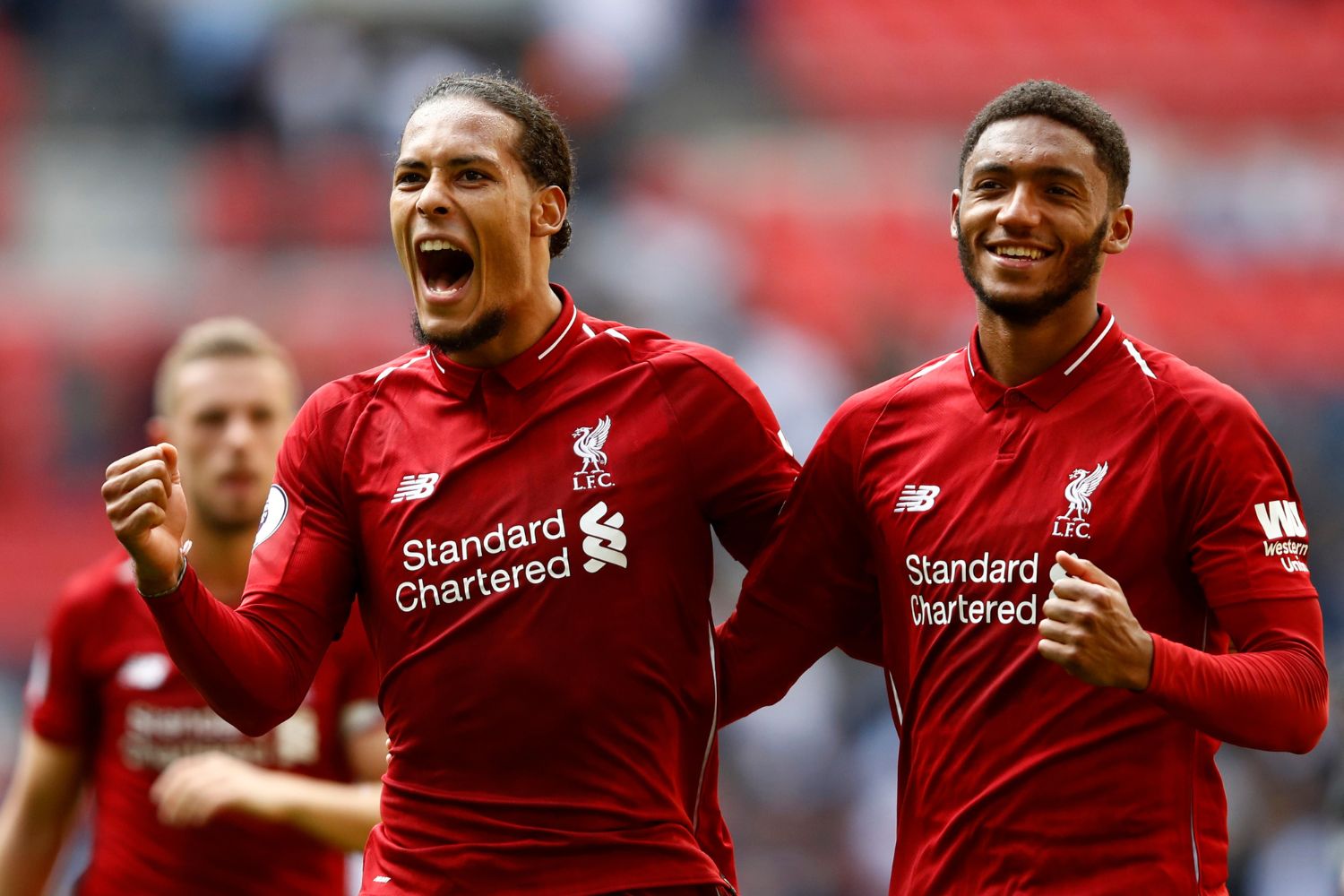 Virgil van Dijk and Joe Gomez celebrate for Liverpool