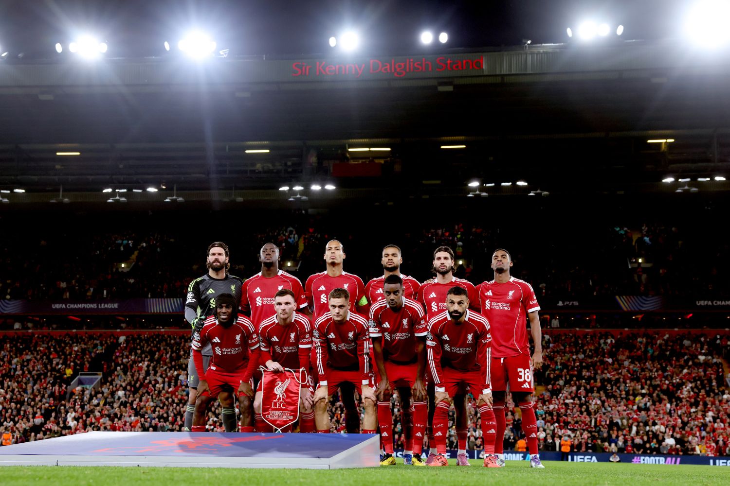 Players of Liverpool pose for a team photograph prior to during the UEFA Champions League 2025/26 League Phase MD1 match between Liverpool FC and Atletico de Madrid