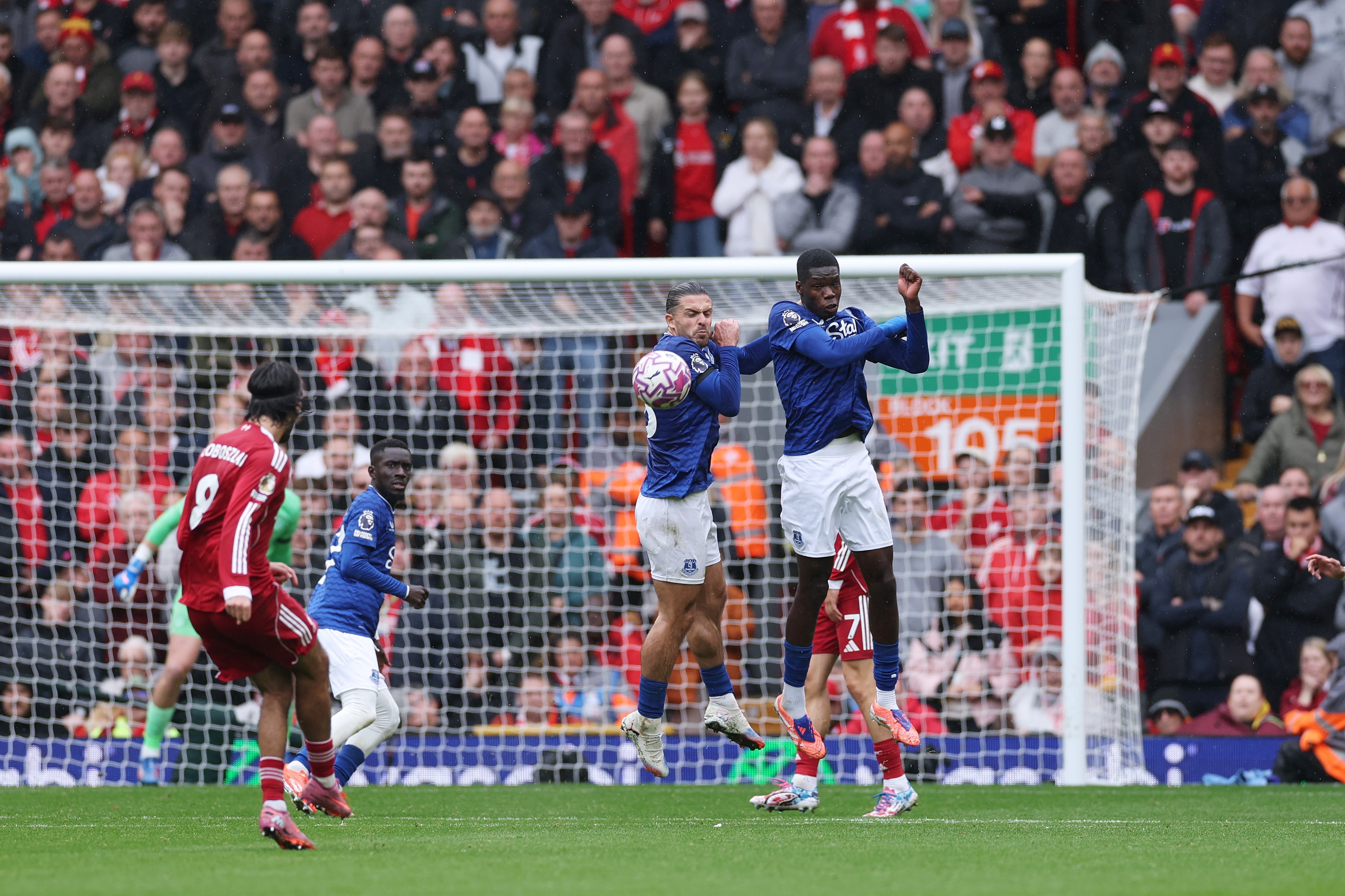 Dominik Szoboszlai fires a free-kick at the Everton wall.