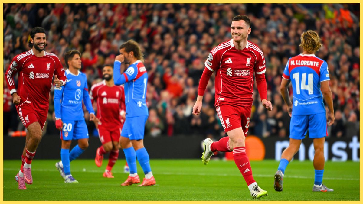 Andy Robertson celebrates scoring against Atletico Madrid