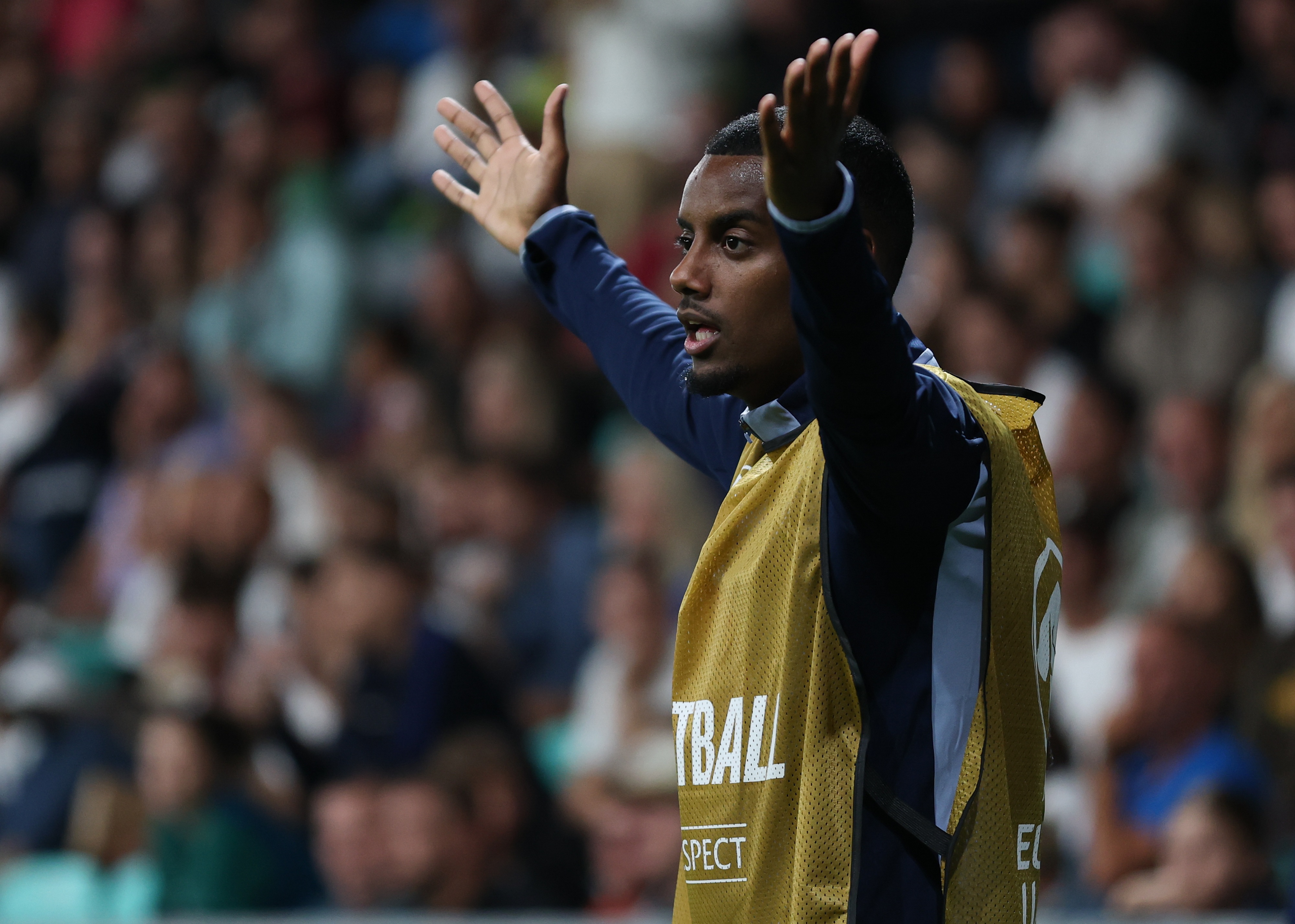 Alexander Isak holds up his arms in protest.
