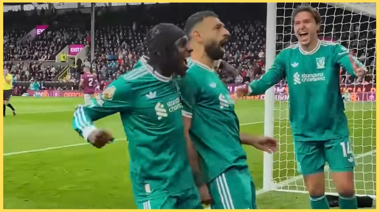 Ibrahima Konate and Federico Chiesa celebrate with Mo Salah at Turf Moor