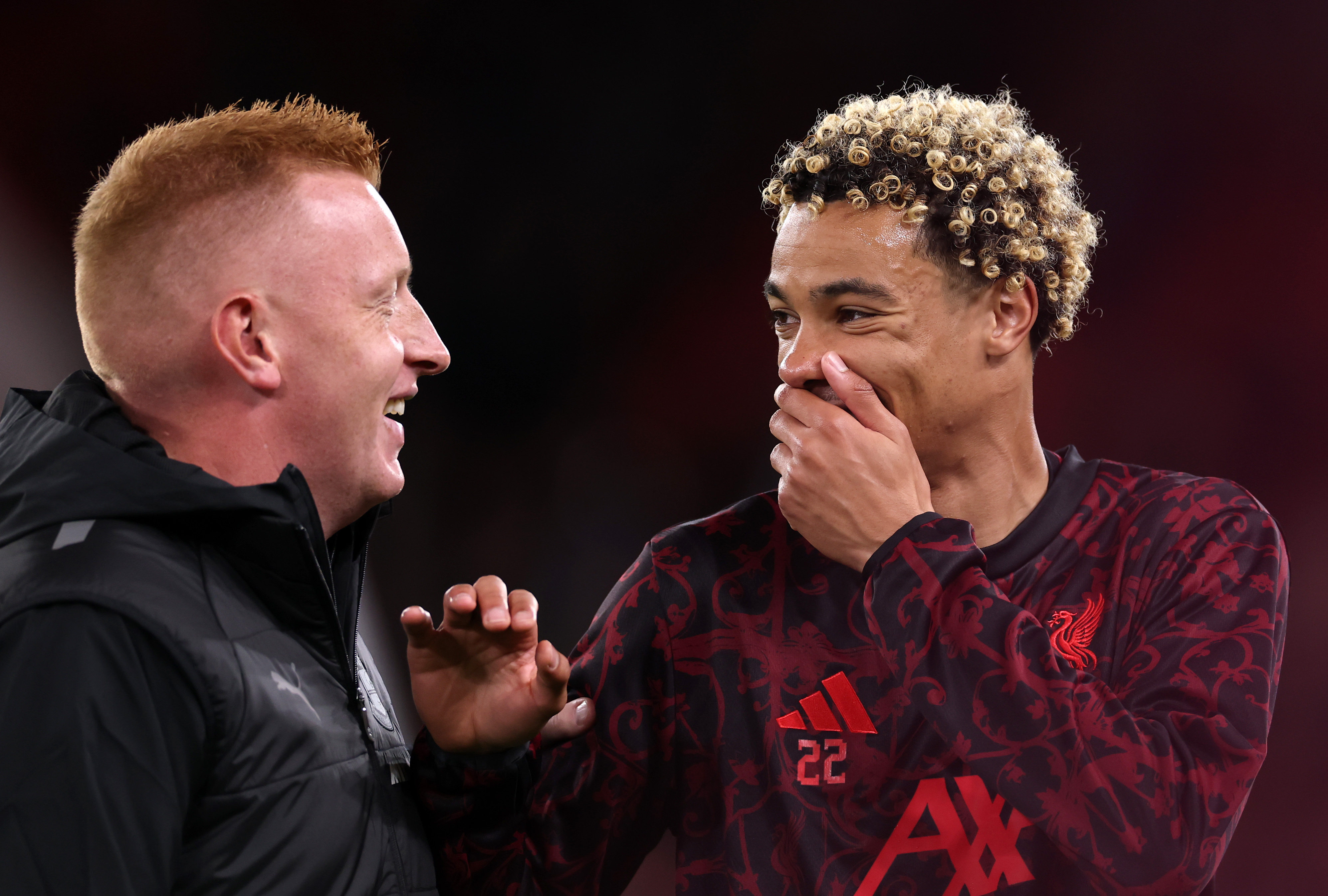 Will Still and Hugo Ekitike share a word with one another before Liverpool's Carabao Cup tie against Southampton