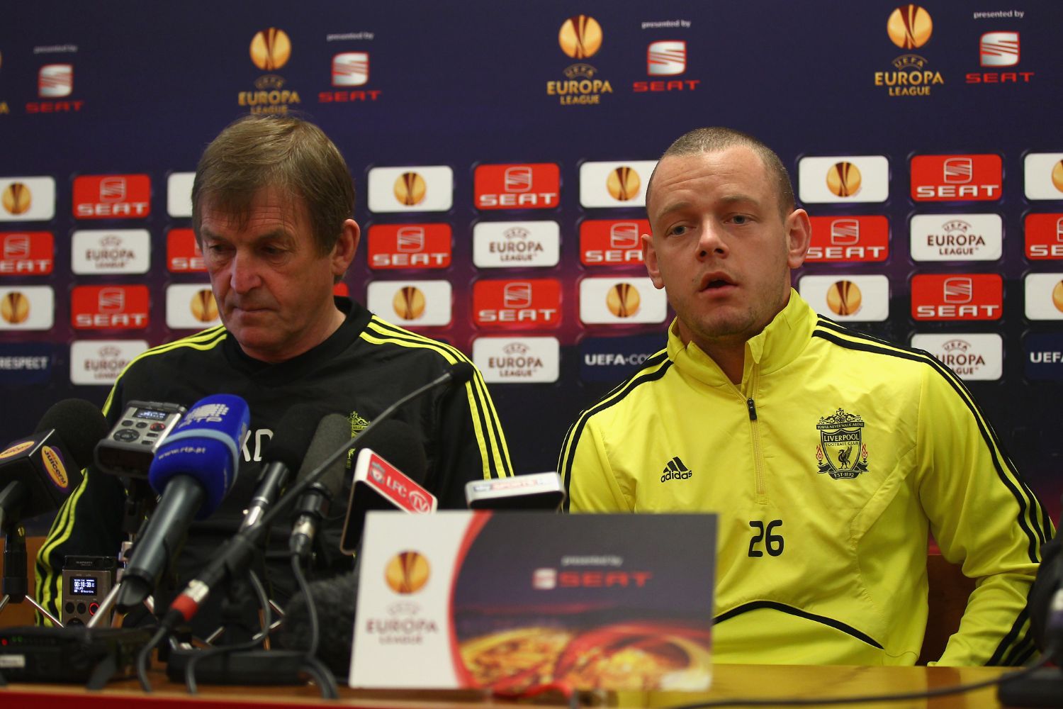 Jay Spearing and Kenny Dalglish in a Liverpool press conference in 2010