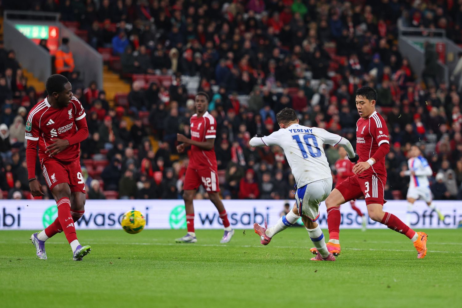 Yeremy Pino of Crystal Palace scores against Liverpool