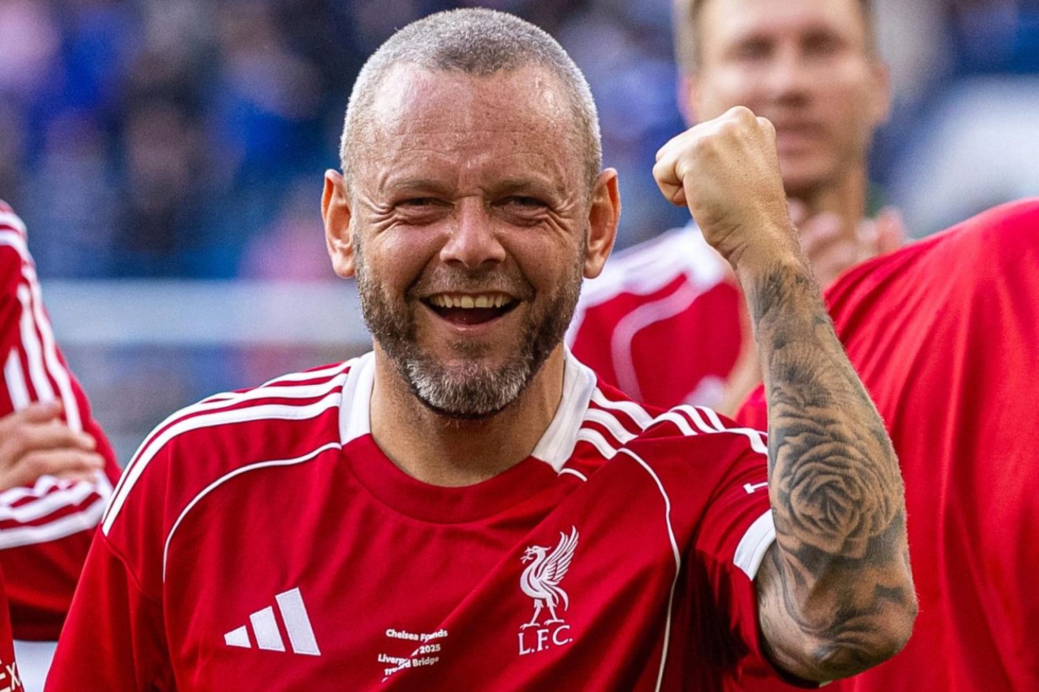 Jay Spearing celebrates after Liverpool Legends beat Chelsea Legends at Stamford Bridge