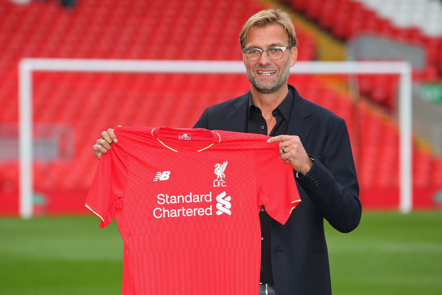 Jurgen Klopp at Anfield is unveiled as the new manager of Liverpool in 2015