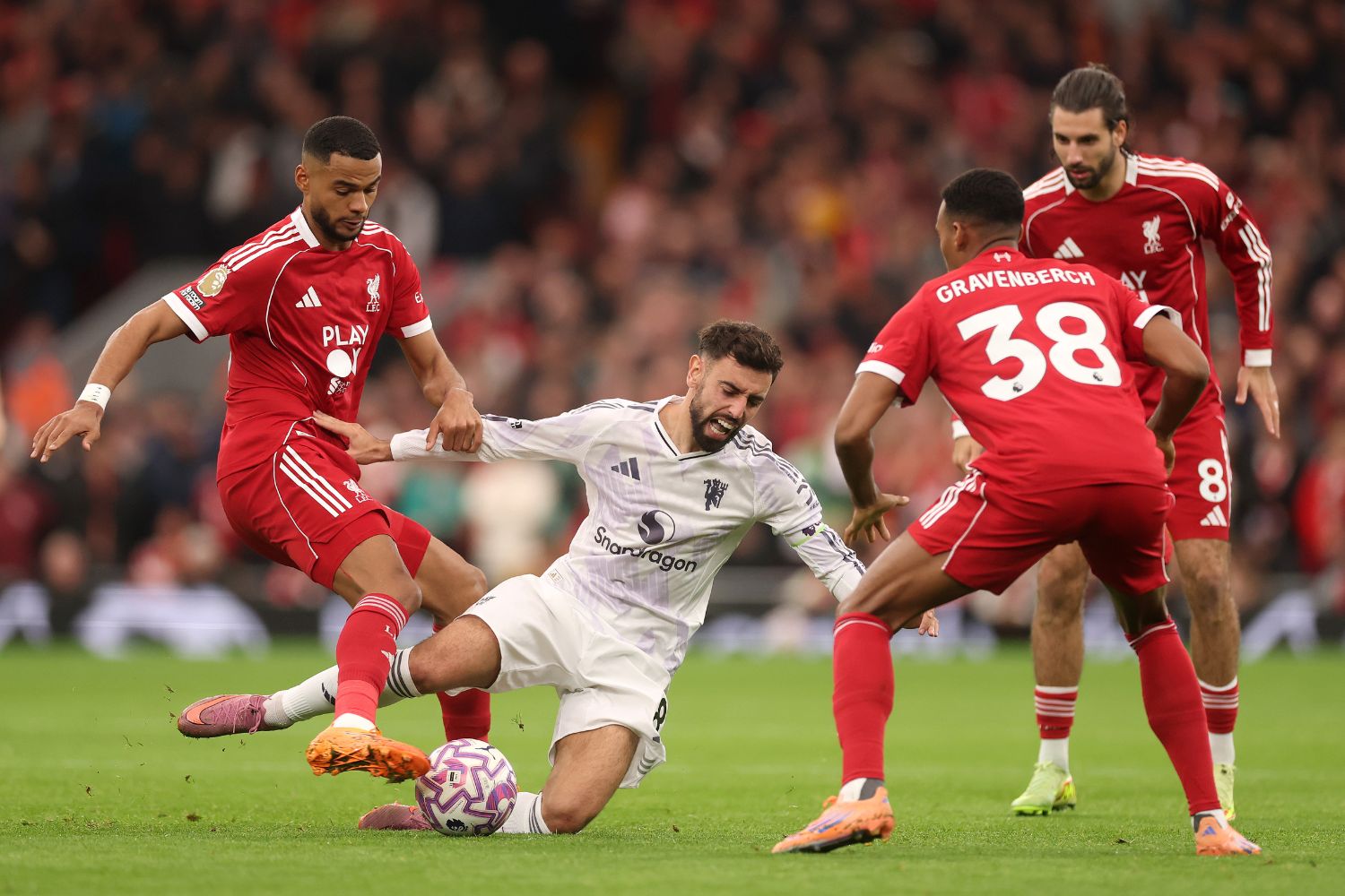 Bruno Fernandes of Manchester United is challenged by Cody Gakpo of Liverpool