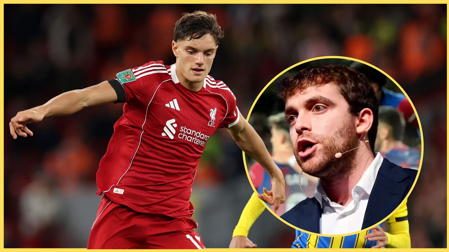 Giovanni Leoni runs on the pitch next to picture of Fabrizio Romano.