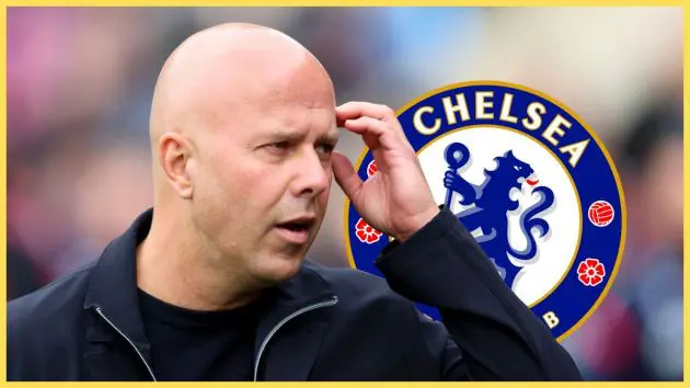 Arne Slot scratches his head in front of Chelsea club crest.