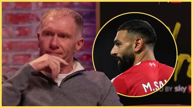 Paul Scholes covers his chin next to a picture of Mo Salah.