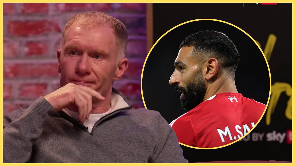 Paul Scholes covers his chin next to a picture of Mo Salah.