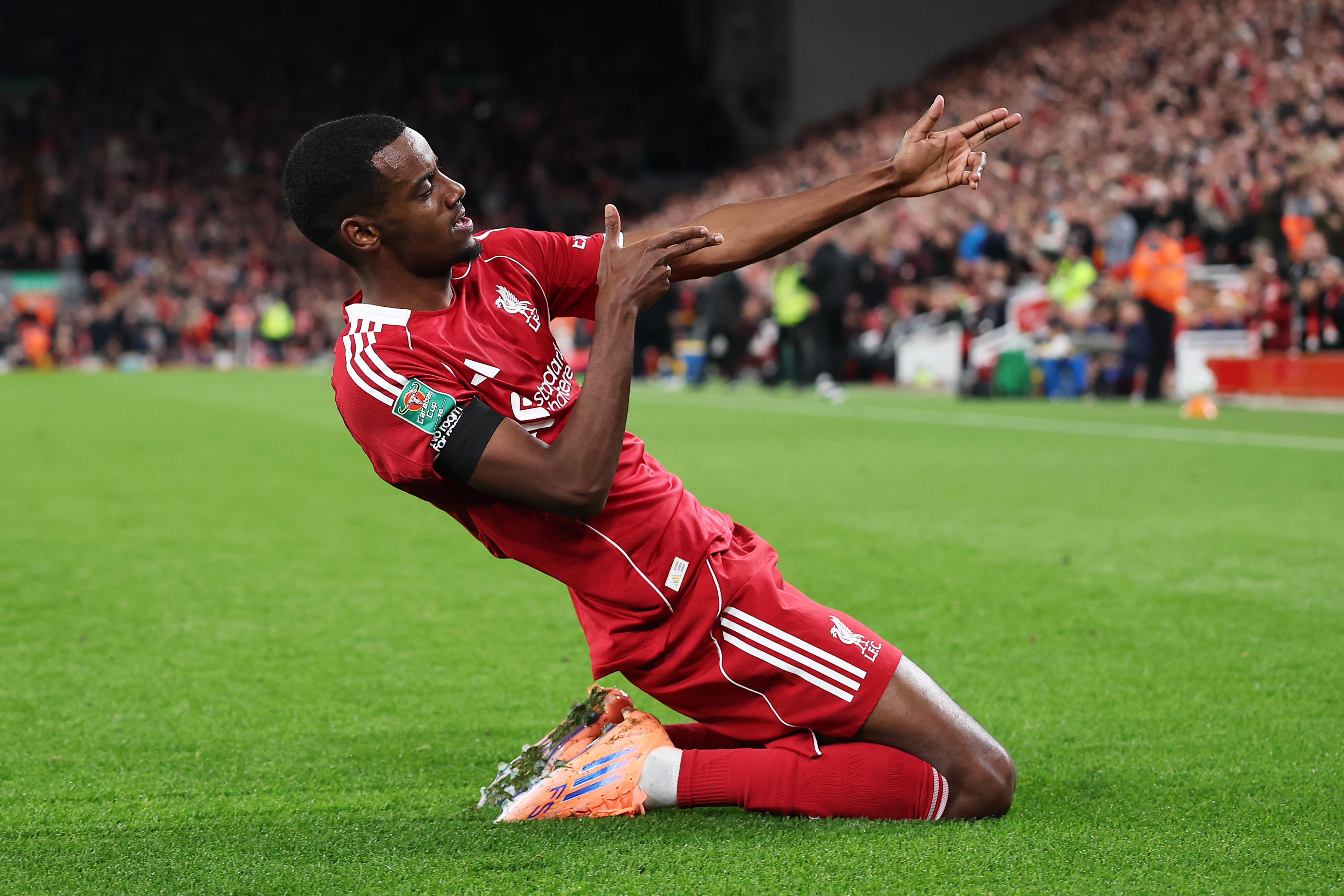 Alexander Isak celebrates his first goal for Liverpool in the Carabao Cup win over Southampton