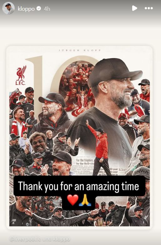 Jurgen Klopp posted a message of gratitude to Liverpool on the 10-year anniversary of his appointment at Anfield