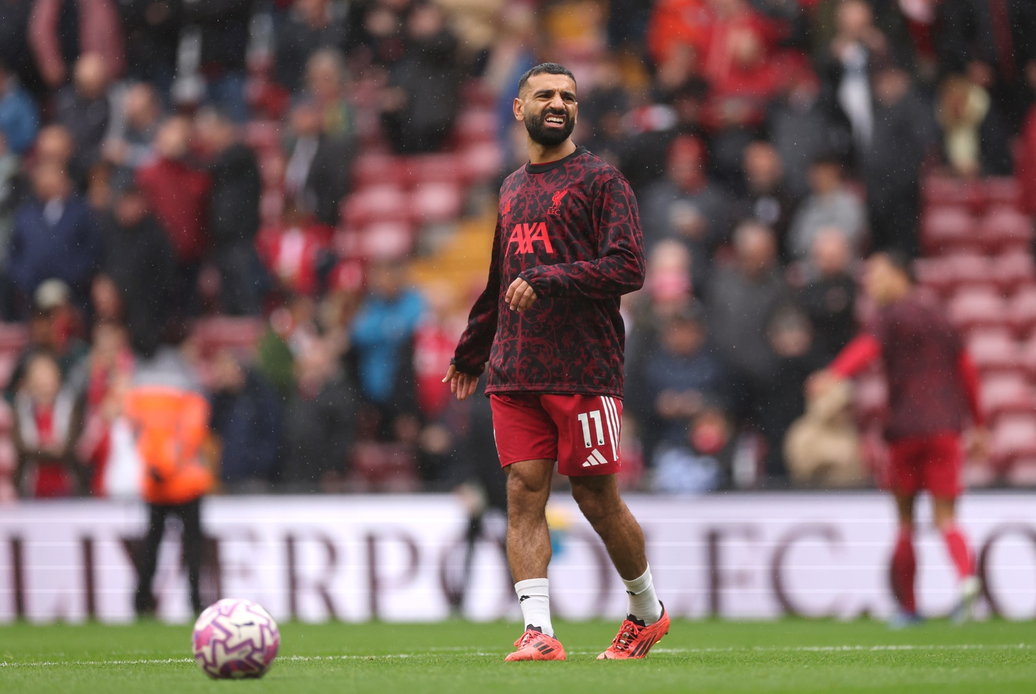 Mo Salah warms up against Everton