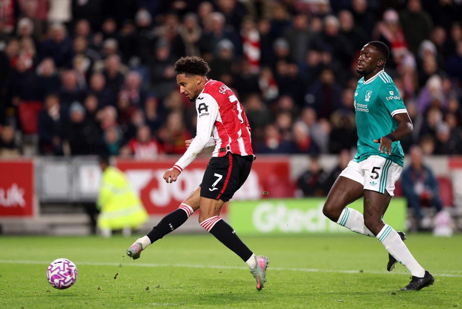 Ibrahima Konate tries but fails to get back to stop Kevin Schade from scoring against Liverpool