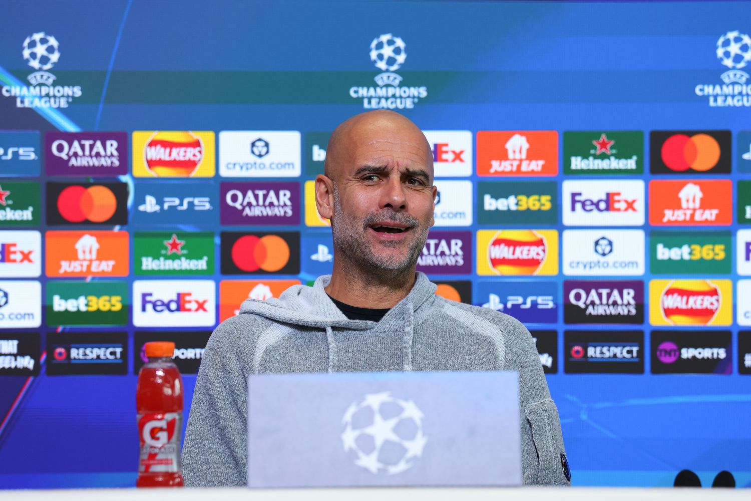 Pep Guardiola speaks in a Manchester City press conference