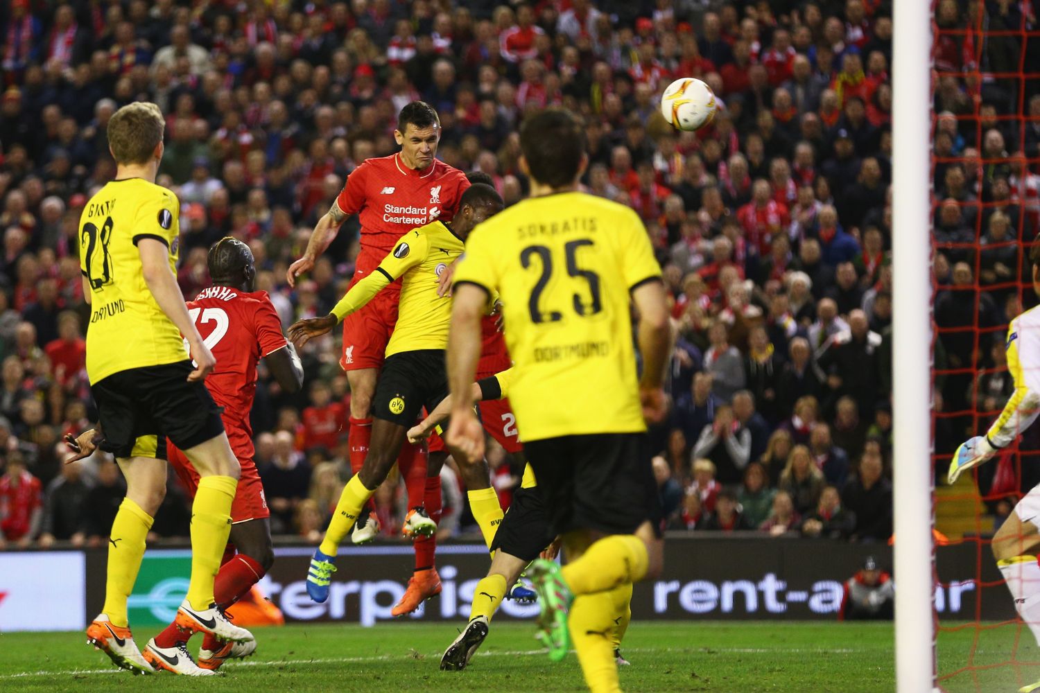 Dejan Lovren scores against Borussia Dortmund in 2016