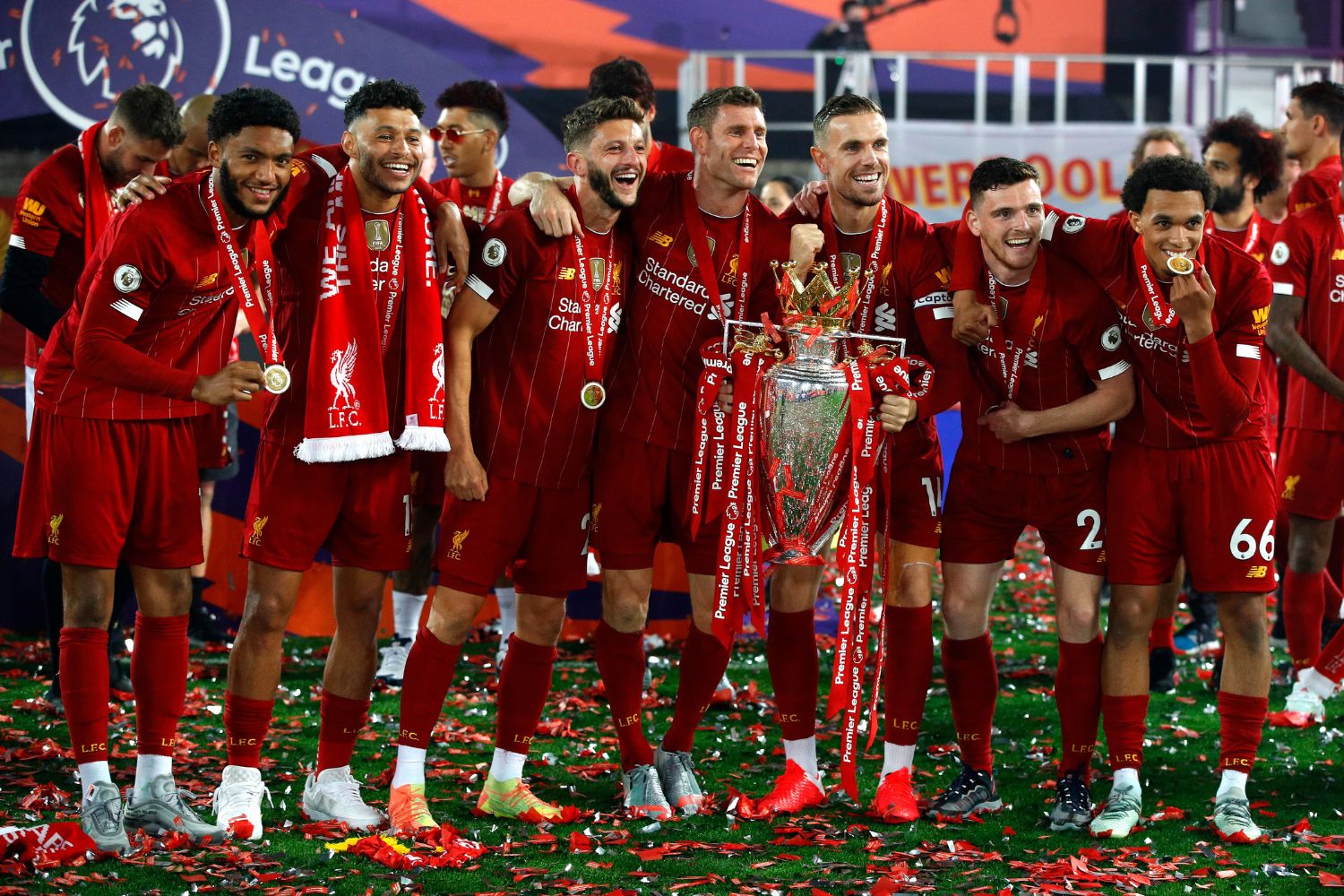 Liverpool players celebrate winning the Premier League in 2020
