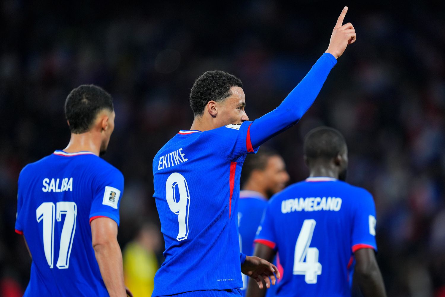 Hugo Ekitike celebrates scoring for France against Ukraine