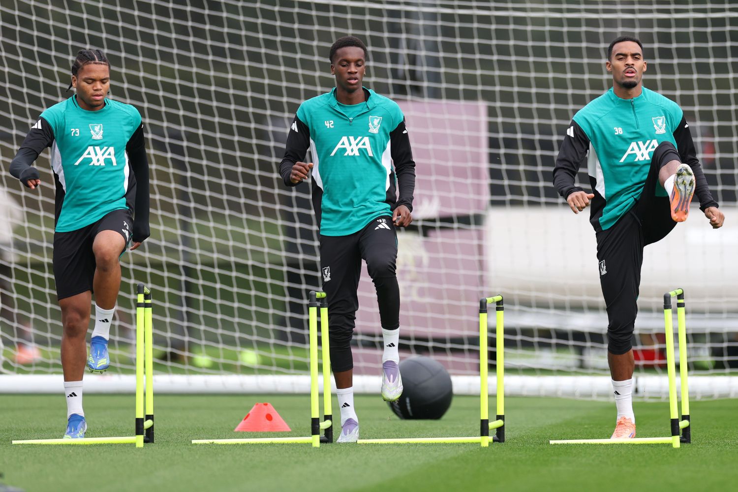 Rio Ngumoha, Trey Nyoni and Ryan Gravenberch train for Liverpool