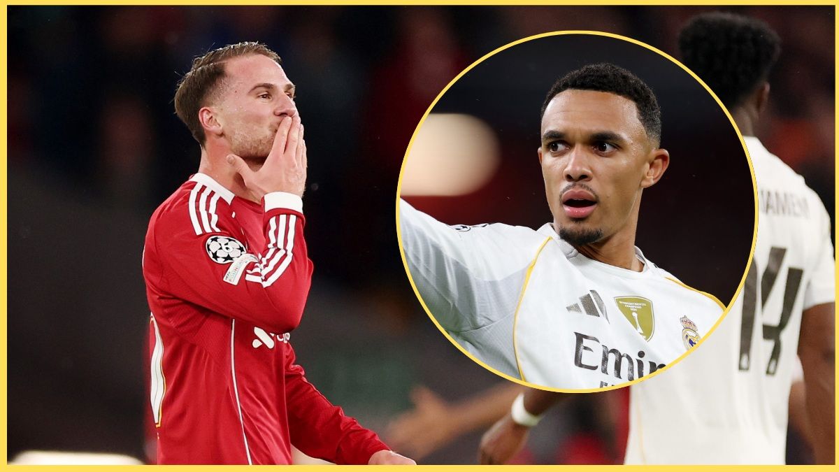 Alexis Mac Allister makes kissing gesture next to picture of shocked Trent Alexander-Arnold.