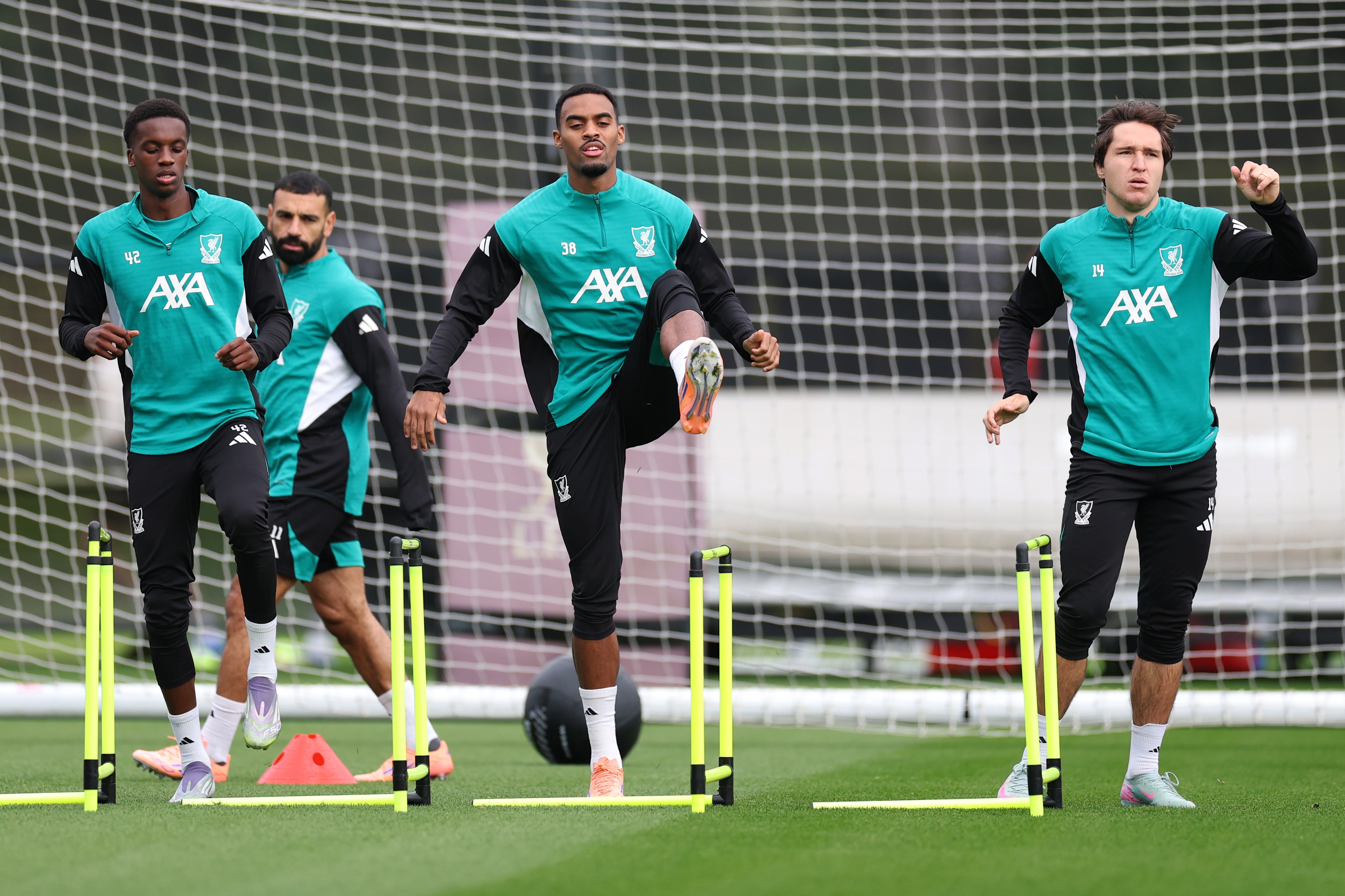 Federico Chiesa trains with Mo Salah and Liverpool teammates.