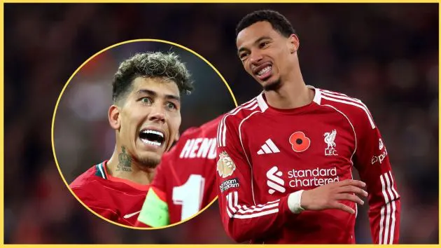 Hugo Ekitike grimaces next to a picture of Bobby Firmino.