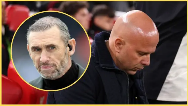 Martin Keown looks sheepish as Arne Slot lowers his head.