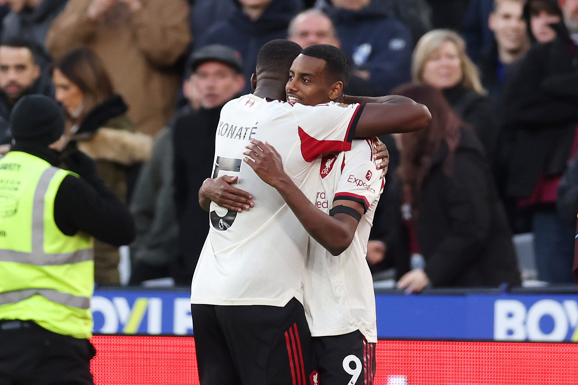 Ibrahima Konate celebrates with Alexander Isak after the latter's goal against West Ham