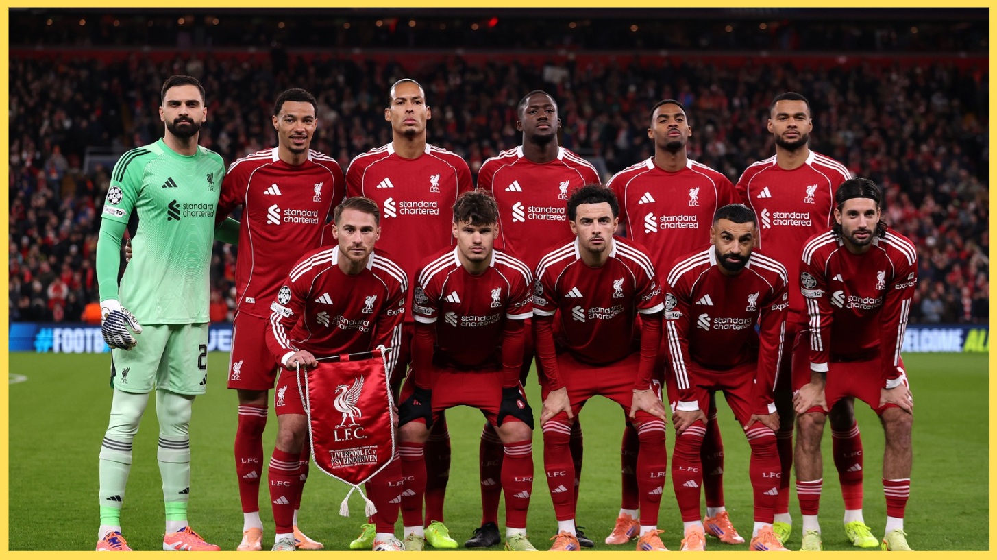 Liverpool players pose for a photo before their clash against PSV Eindhoven