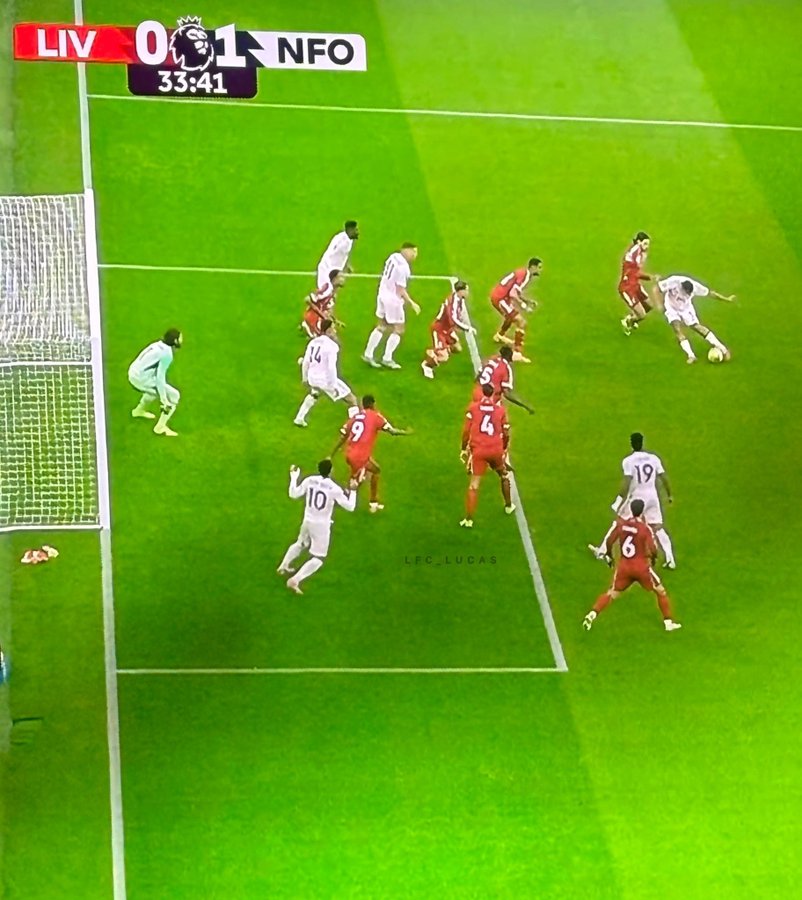 Dan Ndoye appeared to be just offside (and blocking Alisson's view) when Murillo struck to give Nottingham Forest the lead