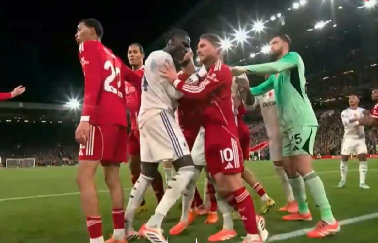 Amadou Onana avoided a red card for grabbing Alexis Mac Allister around the throat