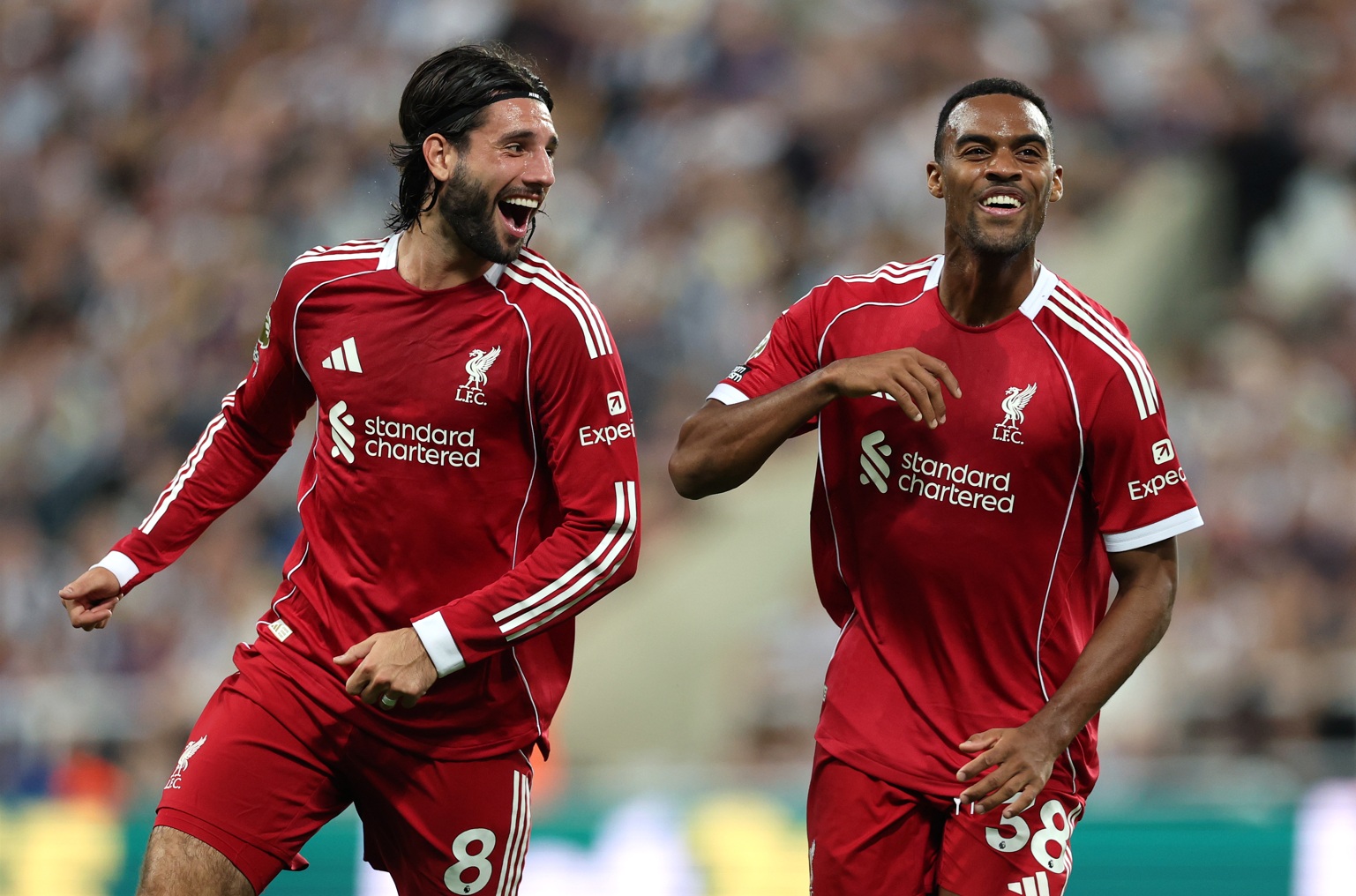 Dominik Szoboszlai celebrates with Ryan Gravenberch after the latter's goal against Newcastle in August