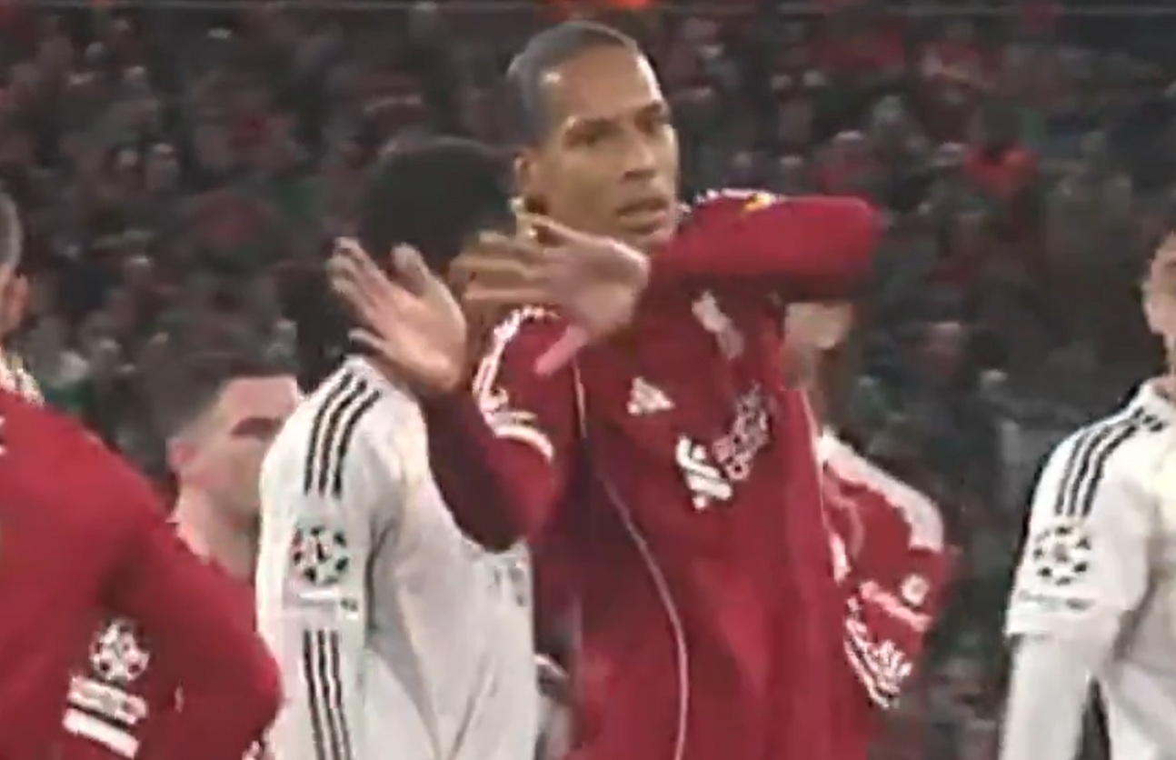 Virgil van Dijk taunts Aurelien Tchouameni with a 'handball' gesture during Liverpool's win over Real Madrid