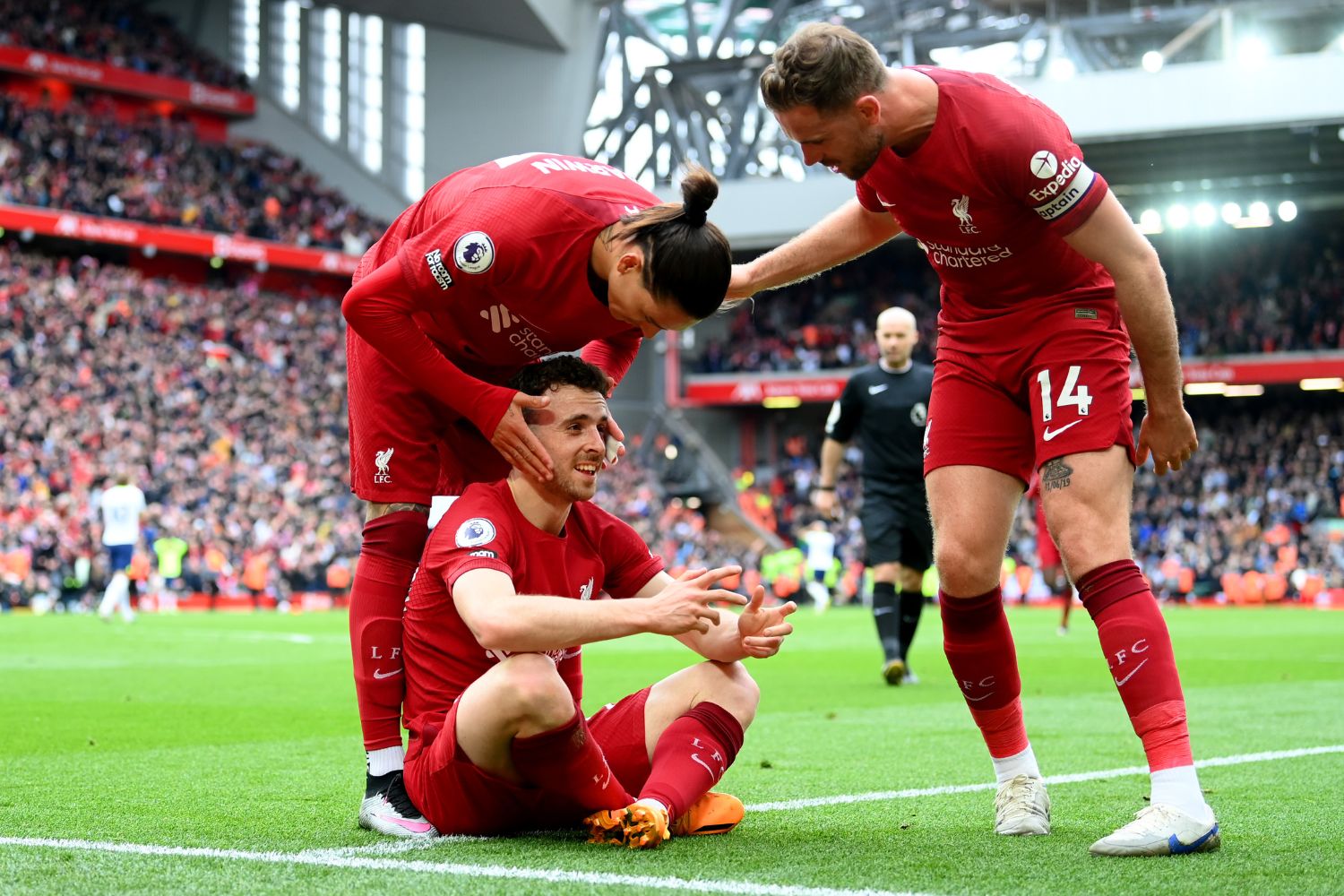 Diogo Jota celebrates after scoring against Tottenham in May 2023