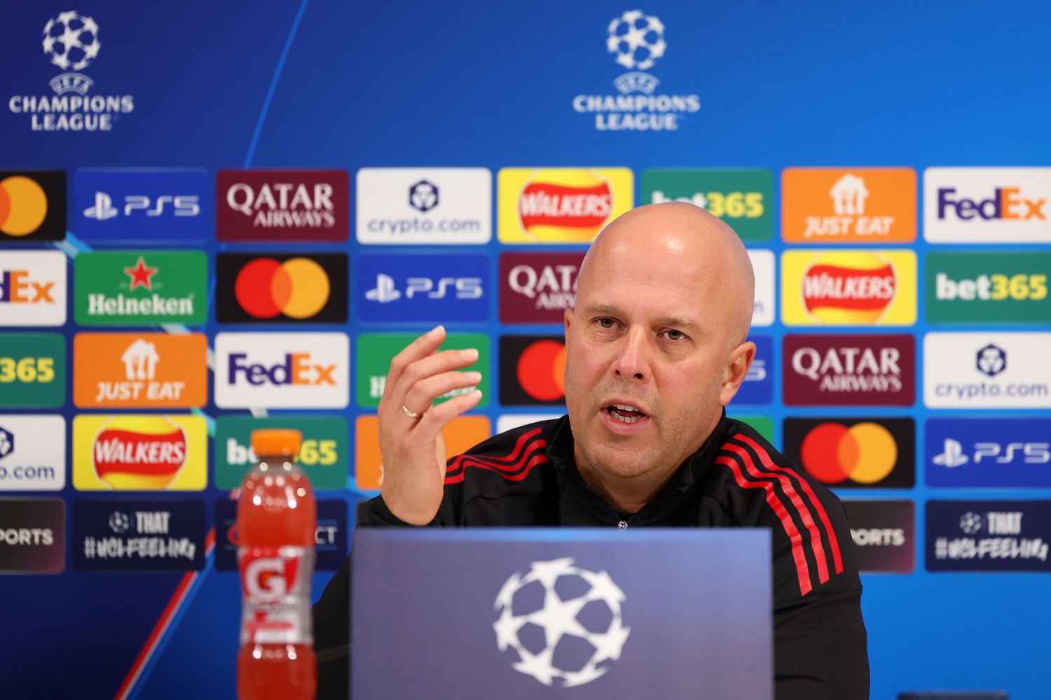 Arne Slot speaks with the media on Champions League duty