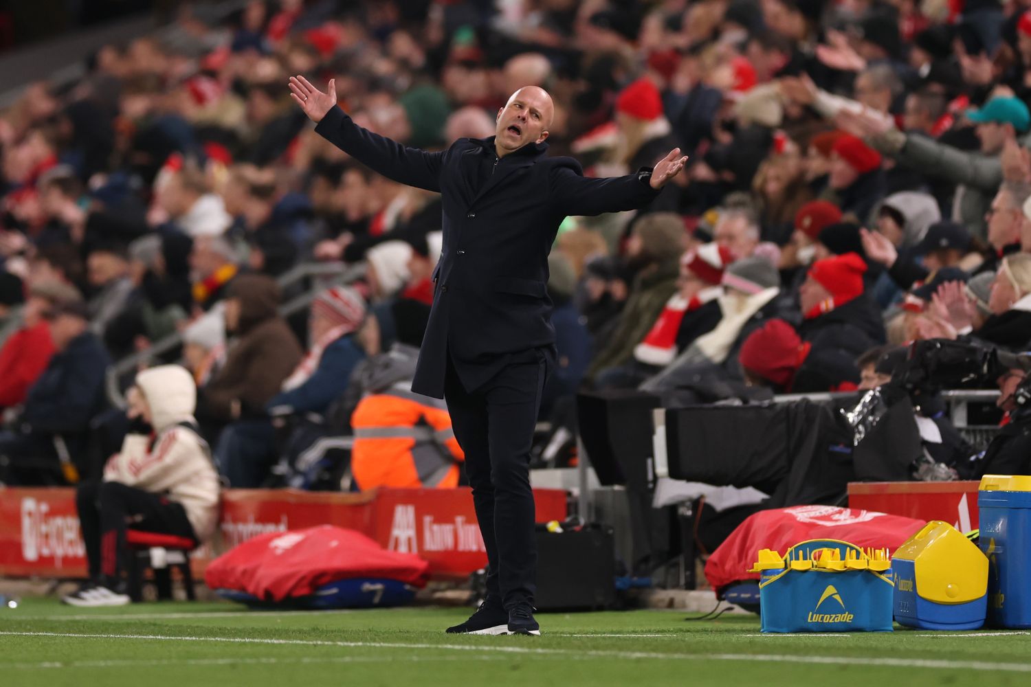Arne Slot reacts during Liverpool's win over Wolves