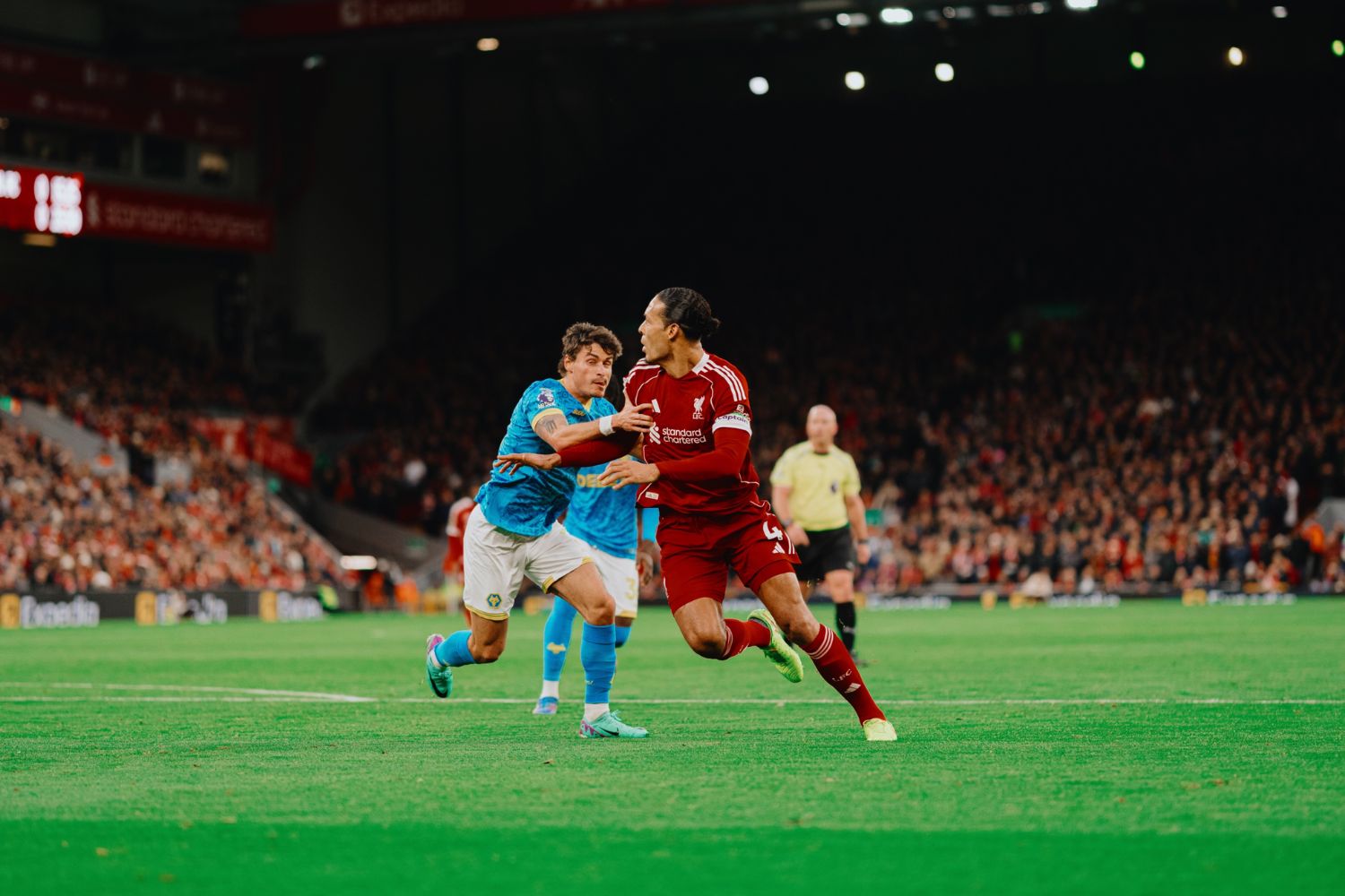 Virgil van Dijk in action against Wolves