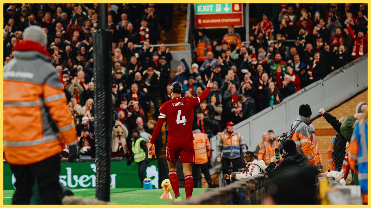 Virgil van Dijk celebrates against Brighton