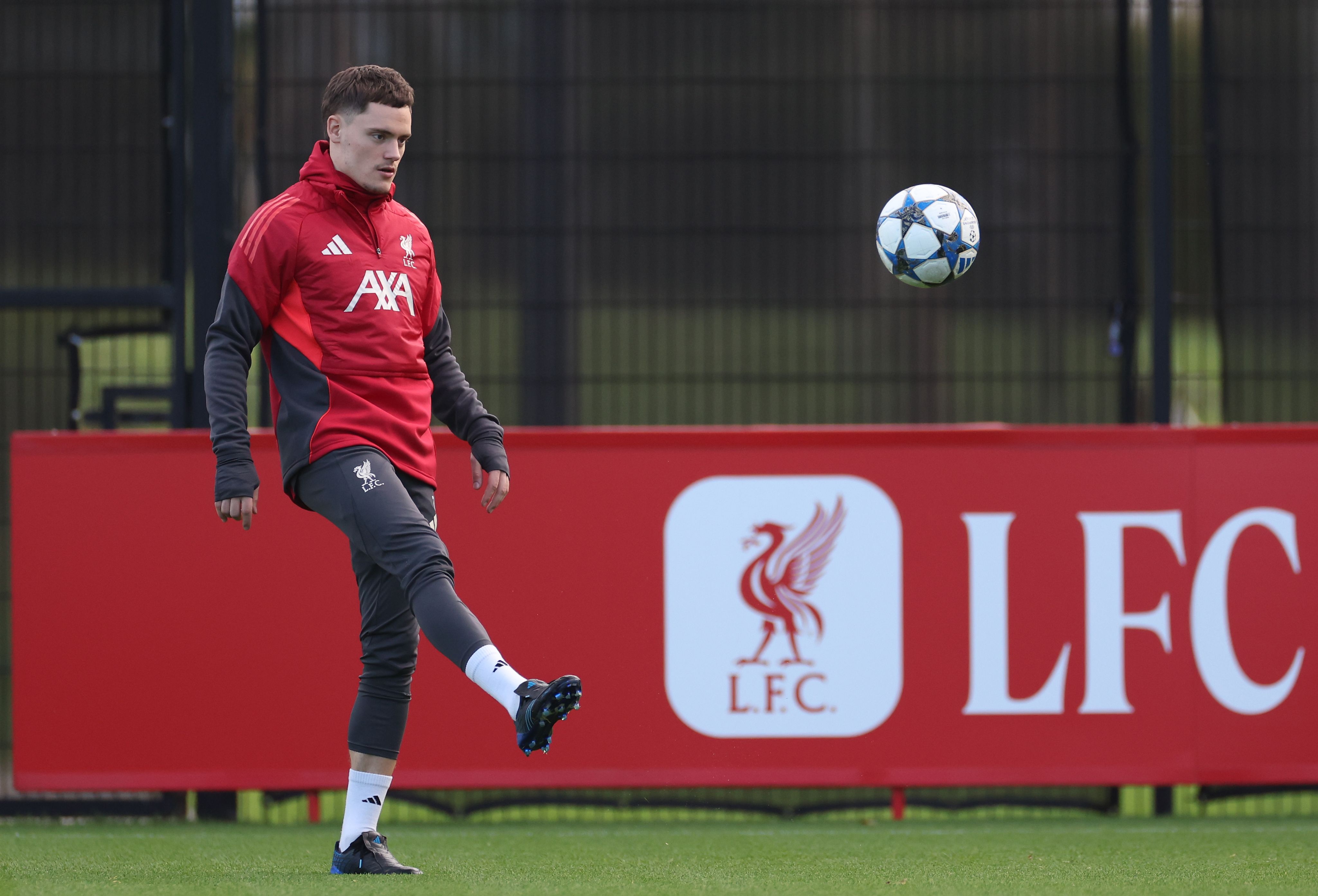Florian Wirtz kicks a football in Liverpool training.